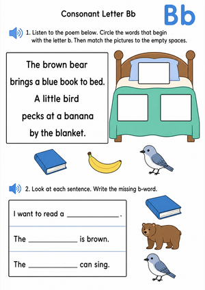 Grade K Letter Bb — Printable No-Prep Worksheet
