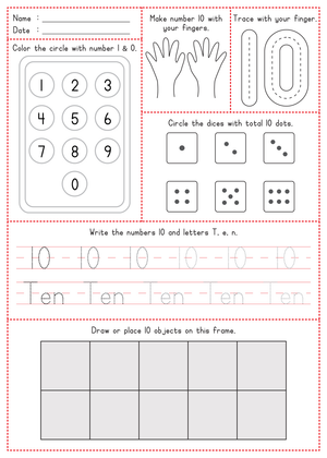 Printable Number 10 Worksheet for Kindergarten