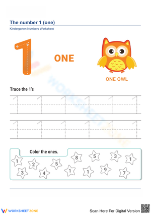Kindergarten Number 1 Tracing and Coloring Worksheet