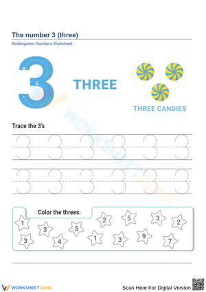 Number 3 Practice Worksheet for Kindergarten Learners