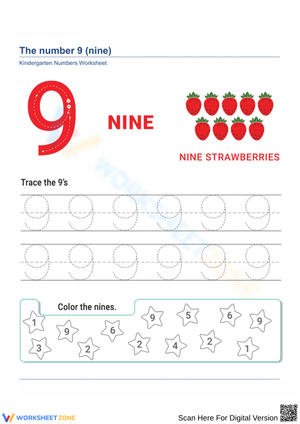 Number 9 Tracing Sheet with Strawberry Counting Fun