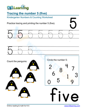 Cute Animals Tracing Number 5 Activity