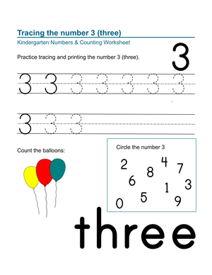 Number 3: Tracing, Counting and Coloring Worksheet 