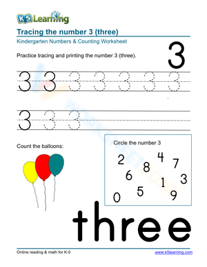 Number 3: Tracing, Counting and Coloring Worksheet 