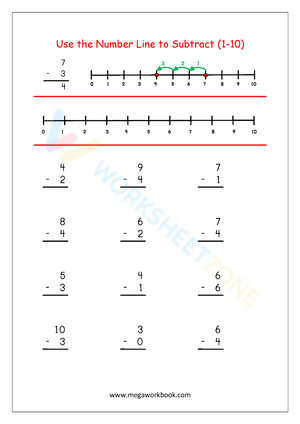 Subtraction 1-10: Number Line Practice Worksheet