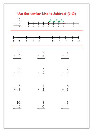 Subtraction 1-10: Number Line Practice Worksheet