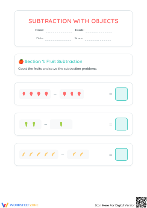 Printable Kindergarten Subtraction within 10 Math Worksheet
