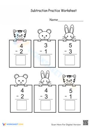 Basic Subtraction Practice with Cute Animals