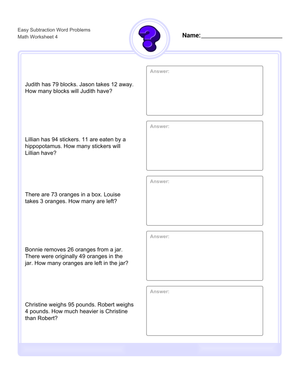 Easy Subtraction Word Problems Worksheet for Kids 