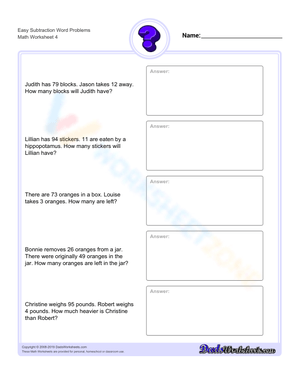 Easy Subtraction Word Problems Worksheet for Kids 