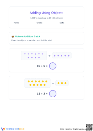 Printable Adding Using Objects Worksheet | Grade 1 Math