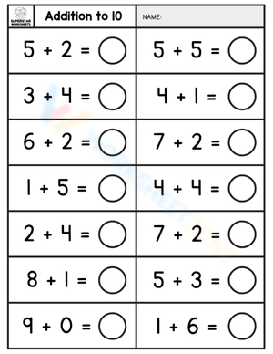 Simple Addition to 10 Math Practice Worksheet