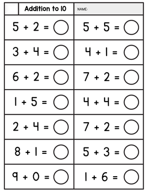Simple Addition to 10 Math Practice Worksheet