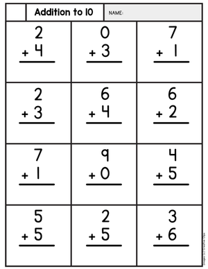 Addition to 10 Single Digit Practice Worksheet