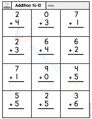 Addition to 10 Single Digit Practice Worksheet