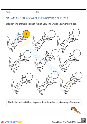 Salamander Add & Subtract to 5 Worksheet