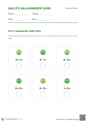 Grade K Add & Subtract to 5 — Printable No-Prep Worksheet