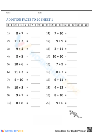 Addition Facts to 20 Worksheet