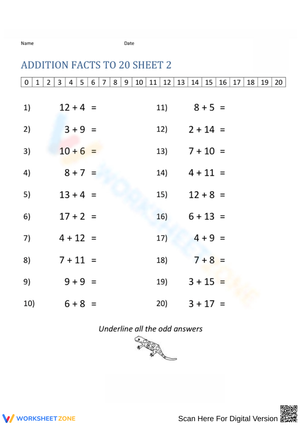 Addition Facts to 20 Practice for Kids