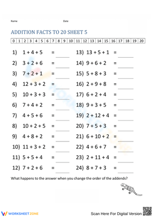 Addition Facts to 20 – Three-Number Addition 