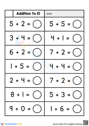 Addition to 10 Worksheet for Kids