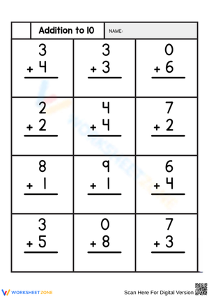 Addition to 10 Worksheet for Early Learners