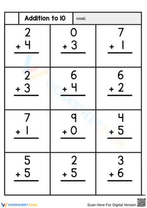 Addition to 10 Worksheet for Kids