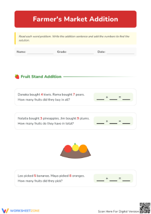 Printable Farmer's Market Addition Word Problems — Grade 1