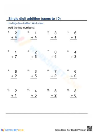 Single Digit Addition Worksheet for Kindergarten