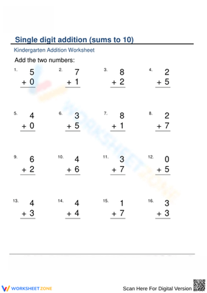 Single Digit Addition Worksheet 