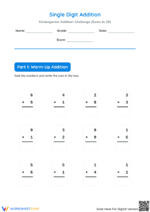 Printable Addition Within 20 Worksheet | Grade 1 Math