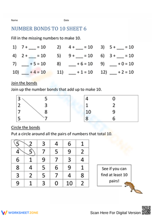 Interactive Number Bonds to 10 Sheet for Kids
