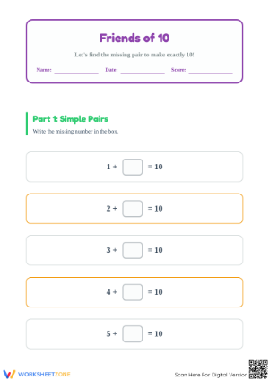 Printable Friends of 10 Math Worksheet | Kindergarten