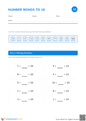 Printable Number Bonds to 10 Worksheet | Grade K-1