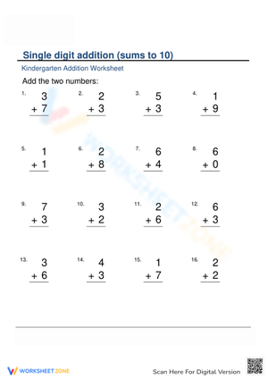 Kindergarten Single Digit Addition