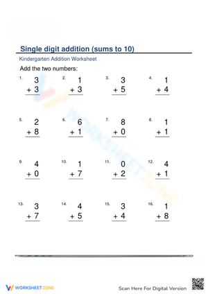 Simple Addition Worksheet for Kindergarteners