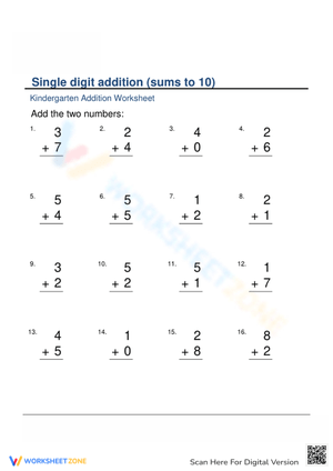 Kindergarten Math Addition: Sums to 10