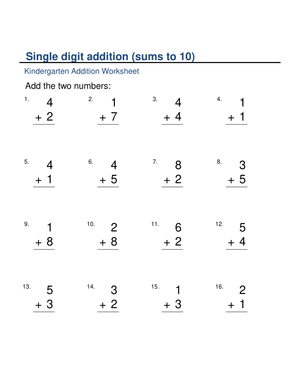 Kindergarten Addition: Sum Up To 10