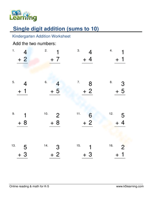Kindergarten Addition: Sum Up To 10