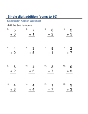 Single Digit Addition Worksheet – Sums to 10