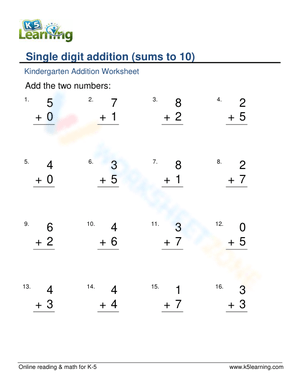 Single Digit Addition Worksheet – Sums to 10