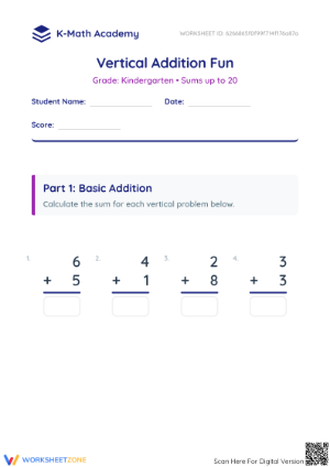 Printable Kindergarten Addition Worksheet | Sums to 20