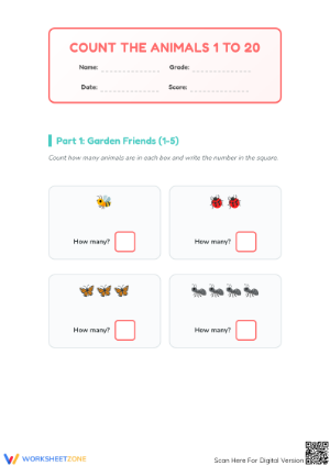 Printable Counting 1-20 Animals Worksheet | Kindergarten