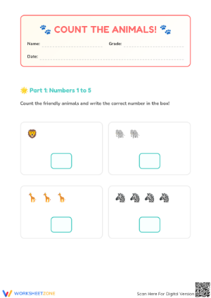 Grade K Counting Animals 1-20 — Printable No-Prep Worksheet