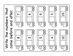 Before and After Numbers Worksheet with Trucks (1–15)