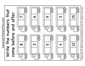Before and After Numbers Worksheet with Trucks (1–15)