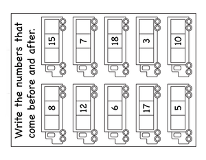 Before and After Number Worksheet with Trucks