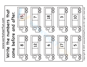 Before and After Number Worksheet with Trucks