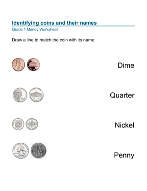 Grade 1 Coin Identification — Printable No-Prep Worksheet