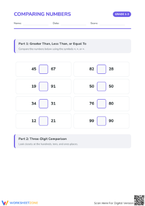 Aligned Comparing Numbers Worksheet | Grade 2 Math